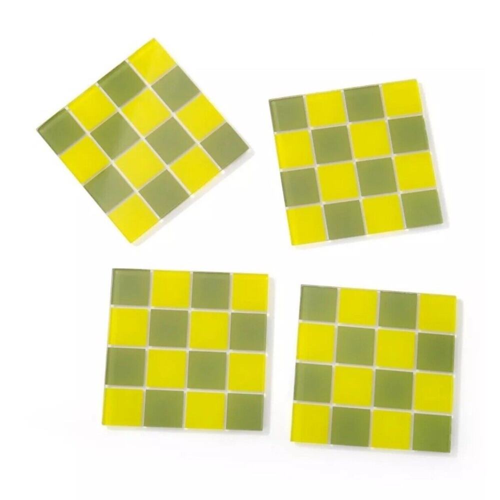 Bullseye’s Playground Square Drink Coasters (4) Count Green Checkered Mosaic